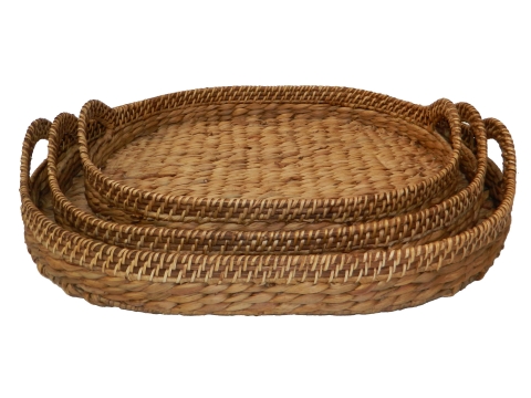 Oval water hyacinth serving tray with rattan rim, set of 3 pcs
